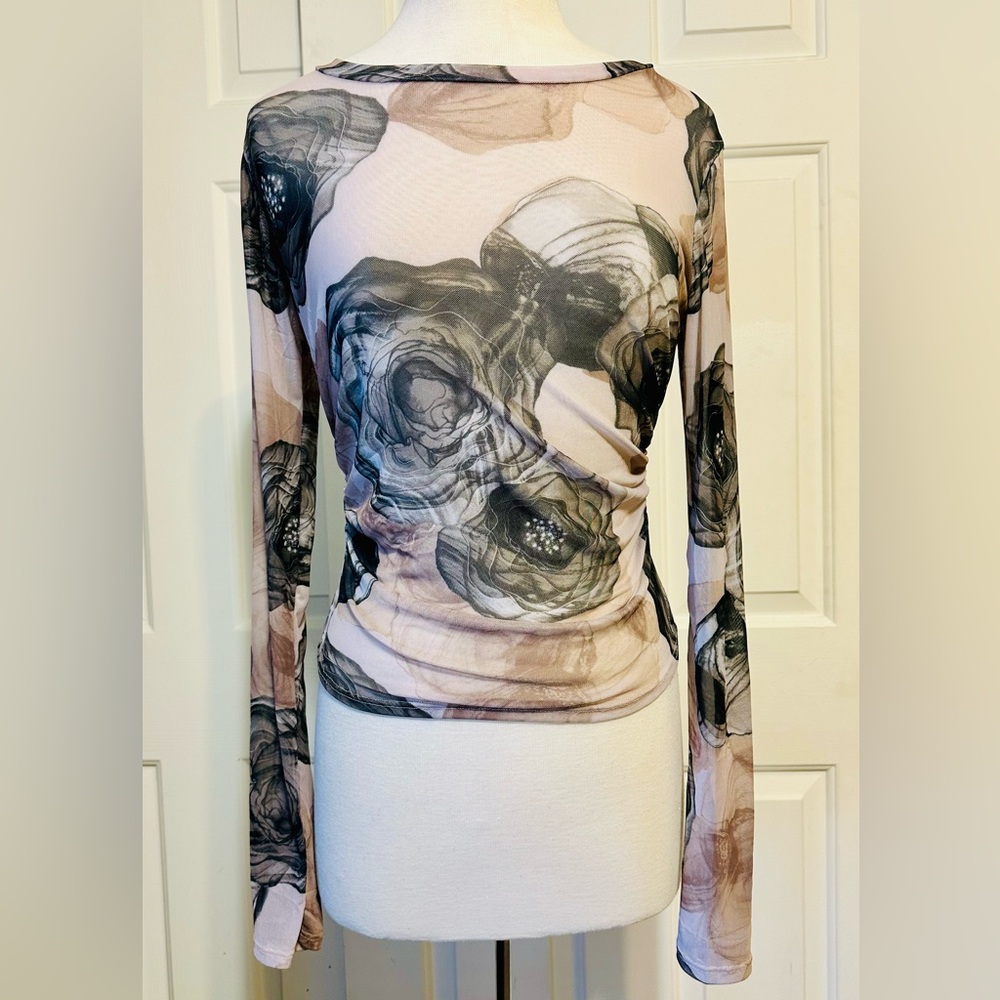 Women’s Fashion Nova Sheer Long Sleeve Black Rose Print Shirt, Size:L